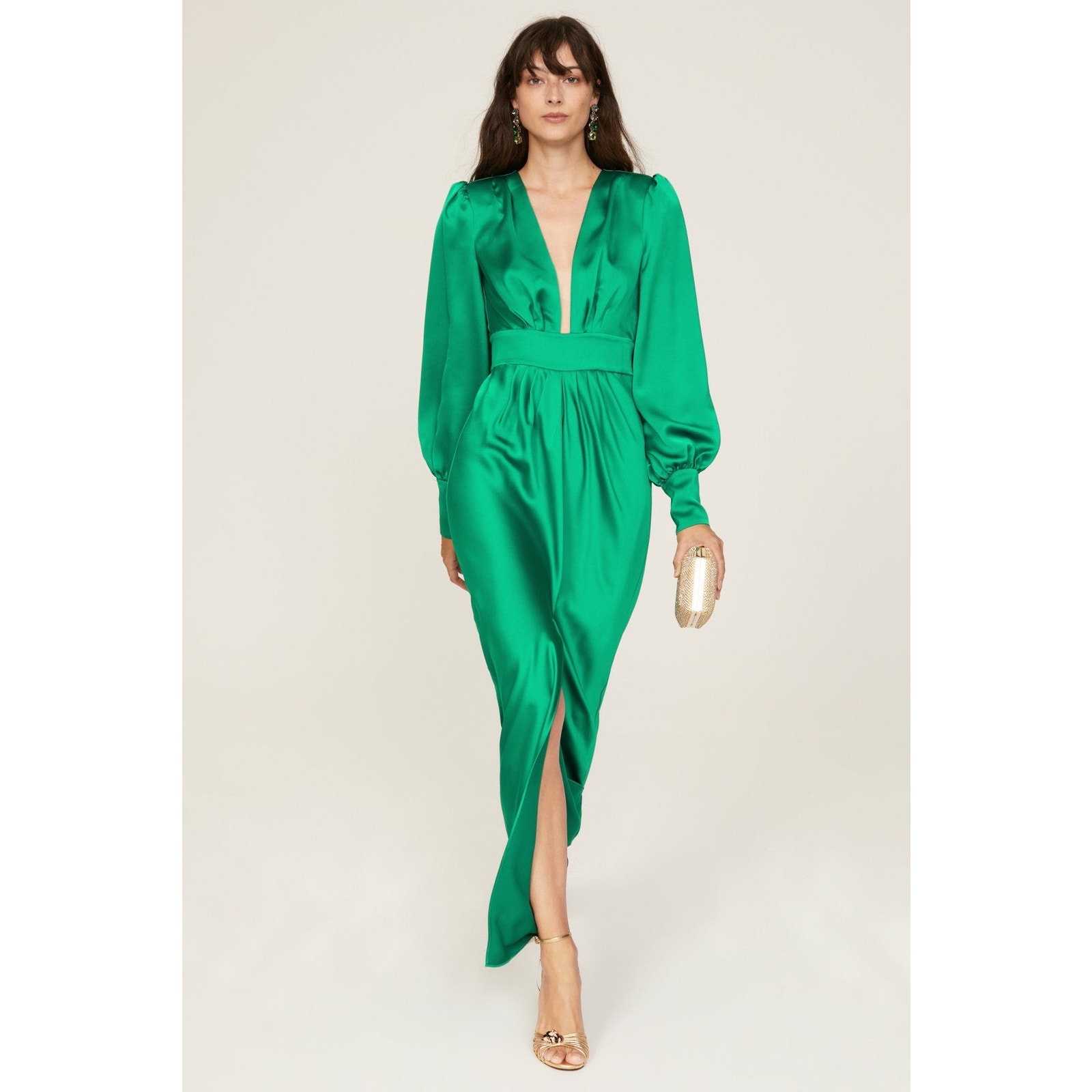 Ramy Brook Madeline Green Satin Plunge Neck Long Sleeve Gown Size 8
